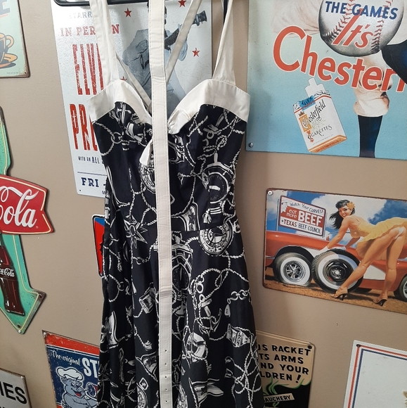 Hell Bunny nautical sailor anchor swing dress black and cream L - Picture 5 of 14